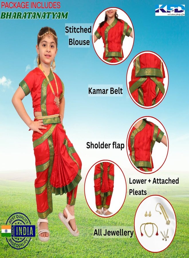 كاكو فانسي دريسيس فستان رقص بهاراتناتيام للأطفال من كاكو فانسي دريسز مع طقم مجوهرات وإكسسوارات - أحمر، مقاس 10-12 سنة، للبنات - Image 3